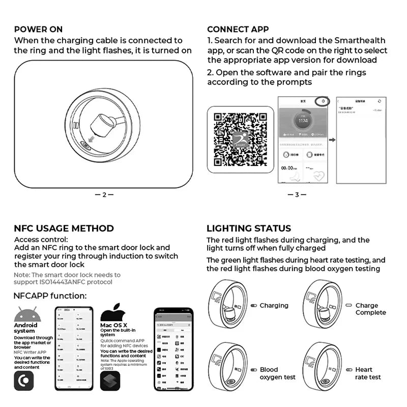 NFC Smart Ring-with Heart Rate Health Sleep Monitor IP68 Waterproof Multi-sport Mode Function 7MM Ultra Thin Rings+Charging Case