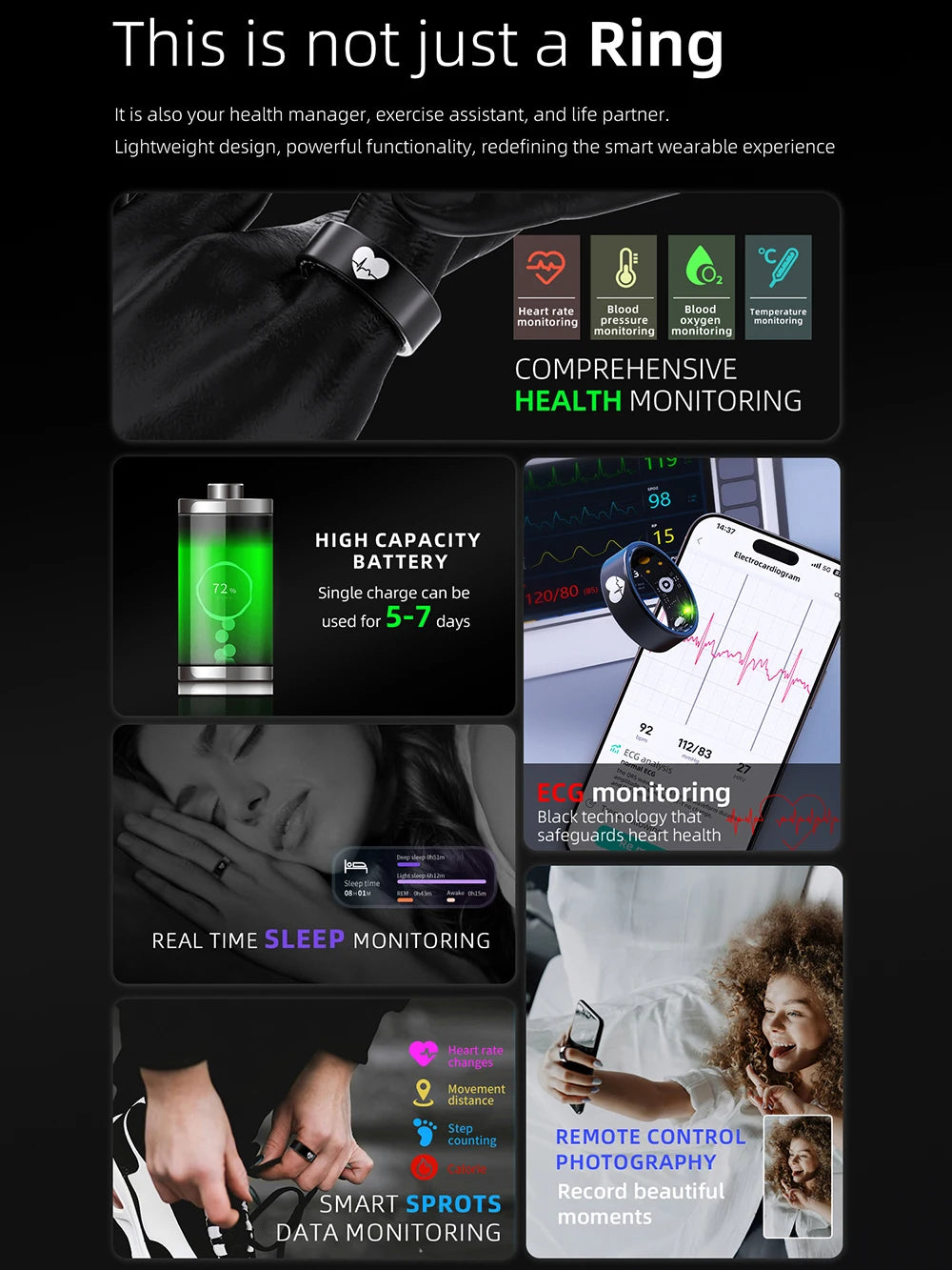 ECG Health Smart Ring Accurate Heart Rate Blood Oxygen Blood Pressure Detection Sleep Monitoring Fitness Rings IP68 Waterproof