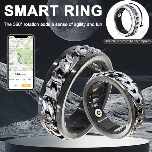2025 New Smart Ring 360° rotation Chain Bluetooth Health Monitor Blood Oxygen Sleep Heart Rate Multi-sport Modes Men Women Rings