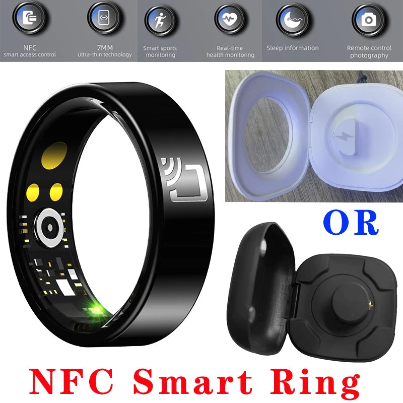 NFC Smart Ring-with Heart Rate Health Sleep Monitor IP68 Waterproof Multi-sport Mode Function 7MM Ultra Thin Rings+Charging Case