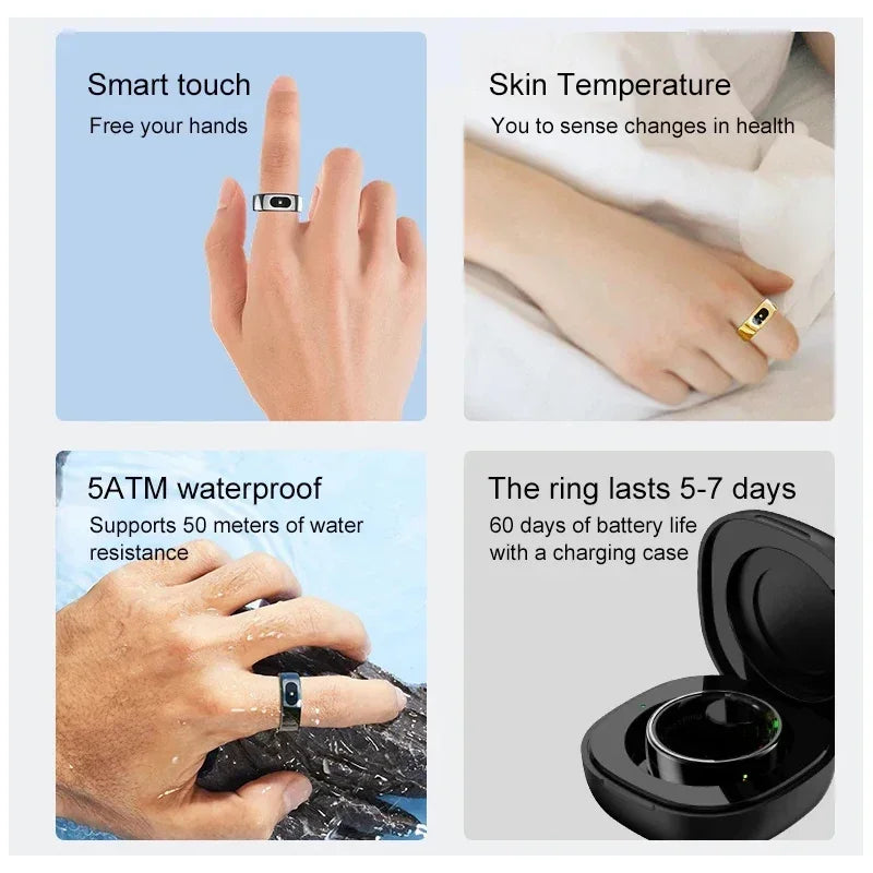 Smart Ring with Case-Skin Temperature Measure,Message Call Reminder,Sport Health Sleep Monitor,IP68 5ATM,Touch Control Rings