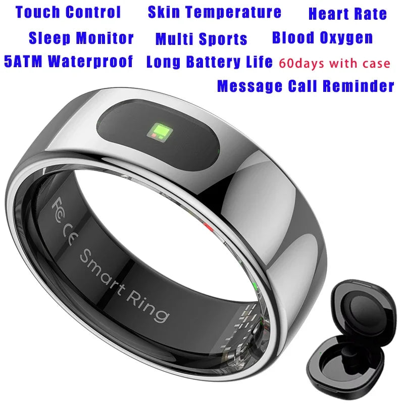 Smart Ring with Case-Skin Temperature Measure,Message Call Reminder,Sport Health Sleep Monitor,IP68 5ATM,Touch Control Rings